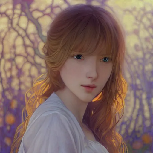 Prompt: A young woman with blonde long hair and bangs in shorts and white shirt drawn by Donato Giancola and Makoto Shinkai, frank frazetta, Alphonse Mucha, background by James Jean and Gustav Klimt, 4k, porcelain skin, volumetric lighting, french nouveau, trending on artstation, octane render, hyperrealistic