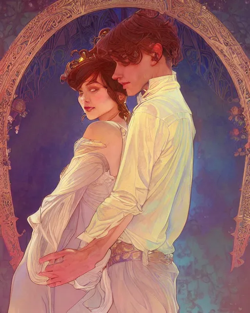 Image similar to secret romance, highly detailed, gold filigree, romantic storybook fantasy, soft cinematic lighting, award, disney concept art watercolor illustration by mandy jurgens and alphonse mucha and alena aenami, pastel color palette, featured on artstation