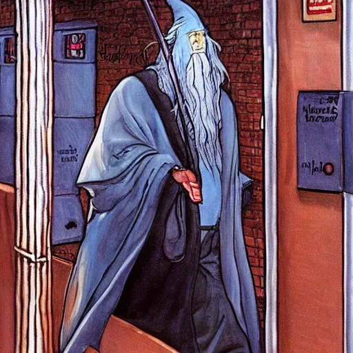 Prompt: a painting of gandalf without a hat, gandalf is entering the subway on manhattan, city scape, painting style of moebius