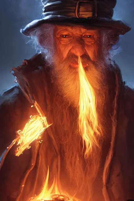 Image similar to old man looks like wizard sorcerer magician warlock spell-caster, bonfire, fire particles, darkness, diablo digital concept art, artwork by Tyler Edlin + Simon Bisley, artstation, very detailed facial structure, 8k