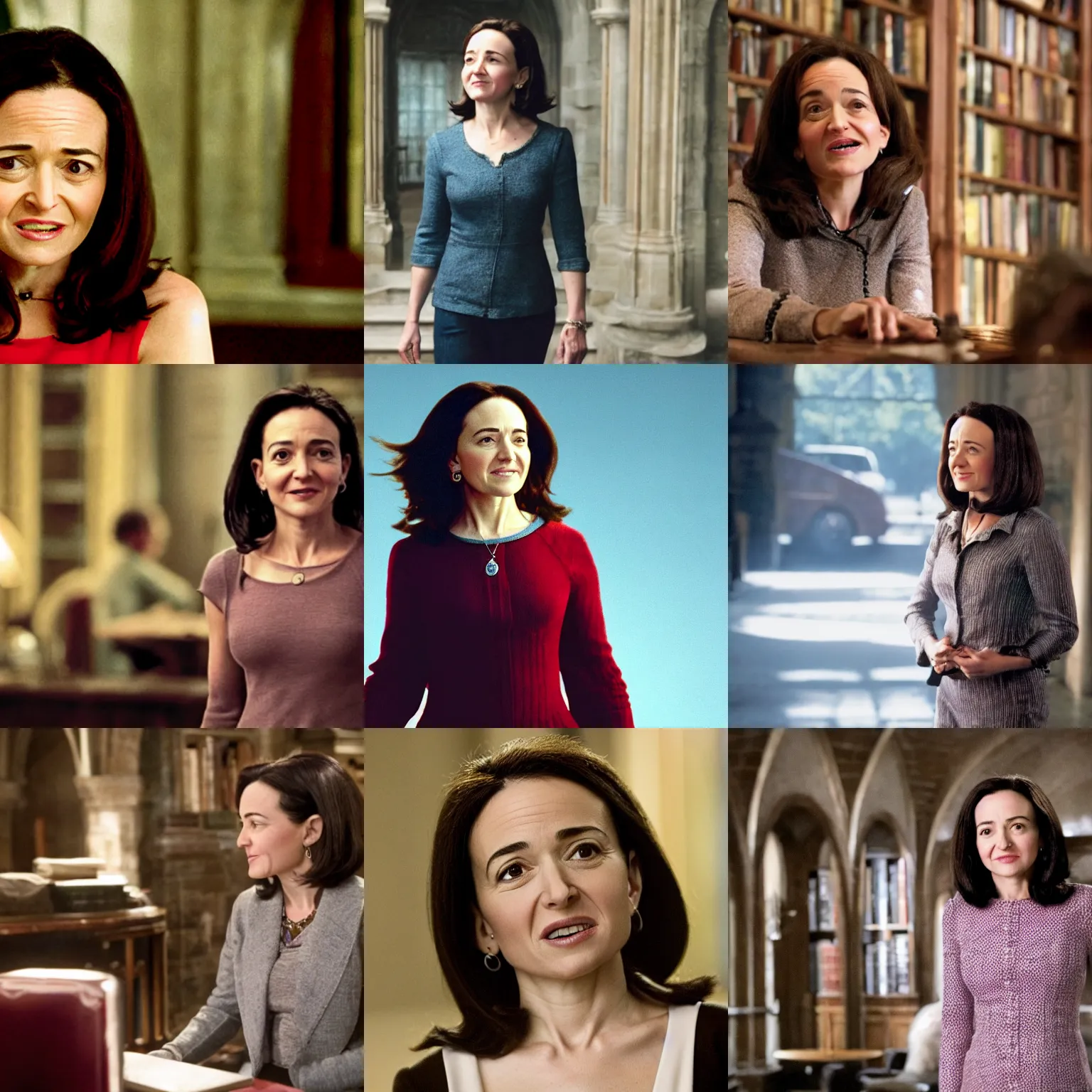 Prompt: Movie still of Sheryl Sandberg in Harry Potter