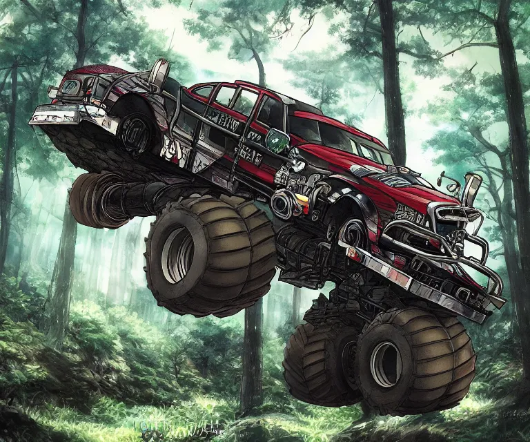 Image similar to monster truck in a forest, anime fantasy illustration by tomoyuki yamasaki, kyoto studio, madhouse, ufotable, comixwave films, trending on artstation