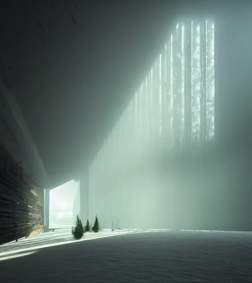 Image similar to the symmetric green cross lights in the artic, volumetric lighting, fog, majestic light, octane render, beauty fog, ethereal glare of the sun, hyperrealistic, epic, masterpiece, by peter zumthor