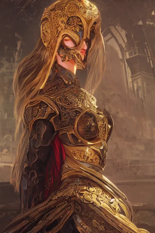 Prompt: portrait knights of Zodiac girl, metallic black and reddish reflected armor, in ruined Agora of Athens, ssci-fi, fantasy, intricate, very very beautiful, elegant, golden light, highly detailed, digital painting, artstation, concept art, smooth, sharp focus, illustration, art by WLOP and tian zi and alphonse mucha