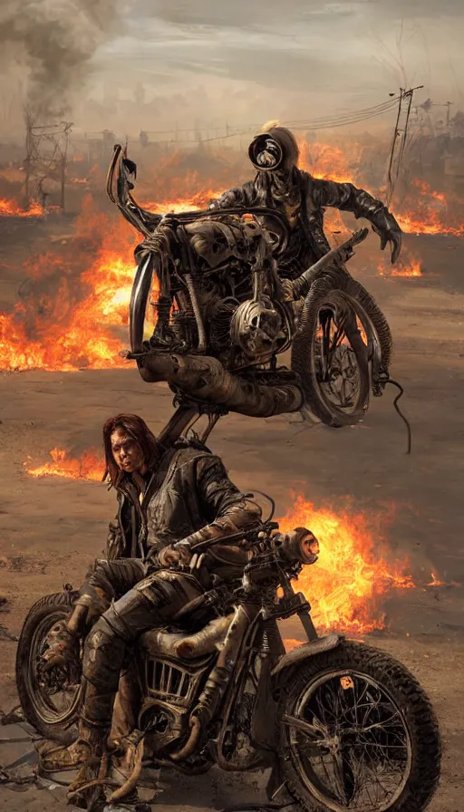 Image similar to post apocalyptic, biker with helmet in front of crashed airplane burning, photorealistic, ultra realistic, concept art, intricate details, photorealistic, octane render, 8 k, unreal engine. retro film still, heavy grain, 3 5 mm, art by artgerm and greg rutkowski and alphonse mucha