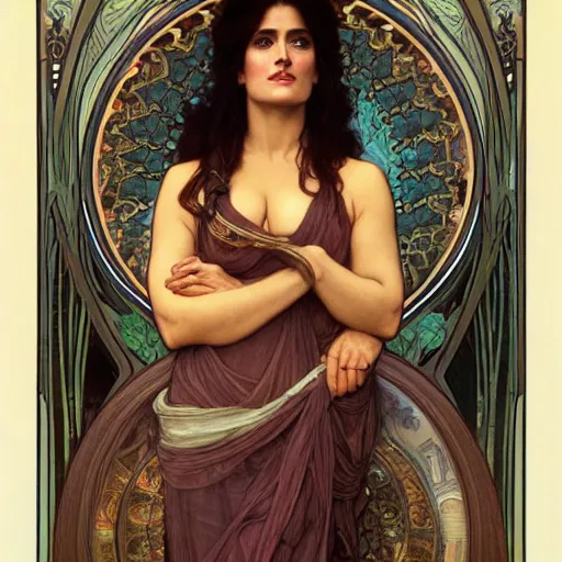 Prompt: detailed portrait art nouveau painting of salma hayek, by Alphonse Mucha, Michael Whelan, William Adolphe Bouguereau, John Williams Waterhouse,and Donato Giancola