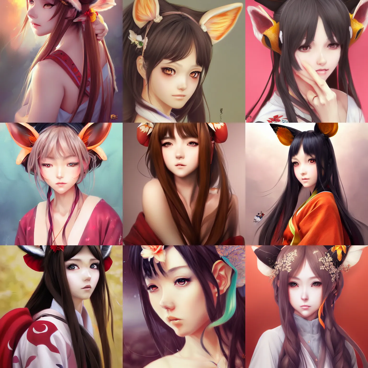 Prompt: A realistic anime portrait of a beautiful young woman with fox ears wearing a kimono, digital painting, by Stanley Artgerm Lau and Sakimichan, digtial painting, trending on ArtStation, deviantart, hd, 4k, highly detailed, masterpiece