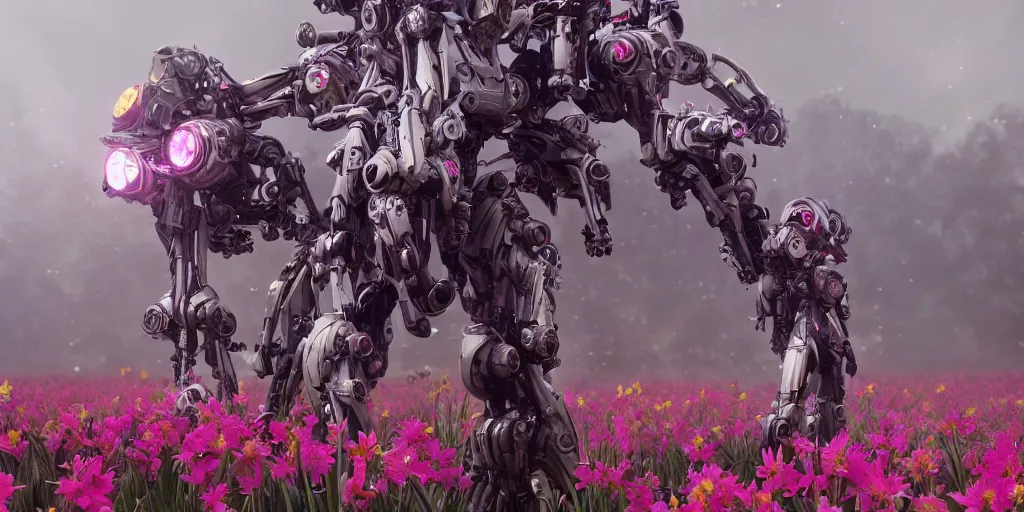 Prompt: a female saints made of mecha daffodils is flying in the fantasy forest, daniel, intricate mechanical details, futuristic, 2 k aesthetic, dramatic lighting, concept art, 4 k, 3 d octane render, pink and red colors, provenance, detailed, trending on artstation