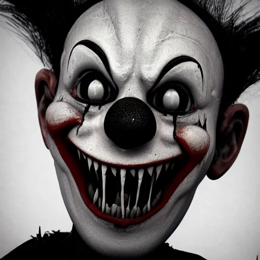 Prompt: black and white crying creepy clown smiling with sharp bloody teeth, highly detailed, sharp focus, octane render