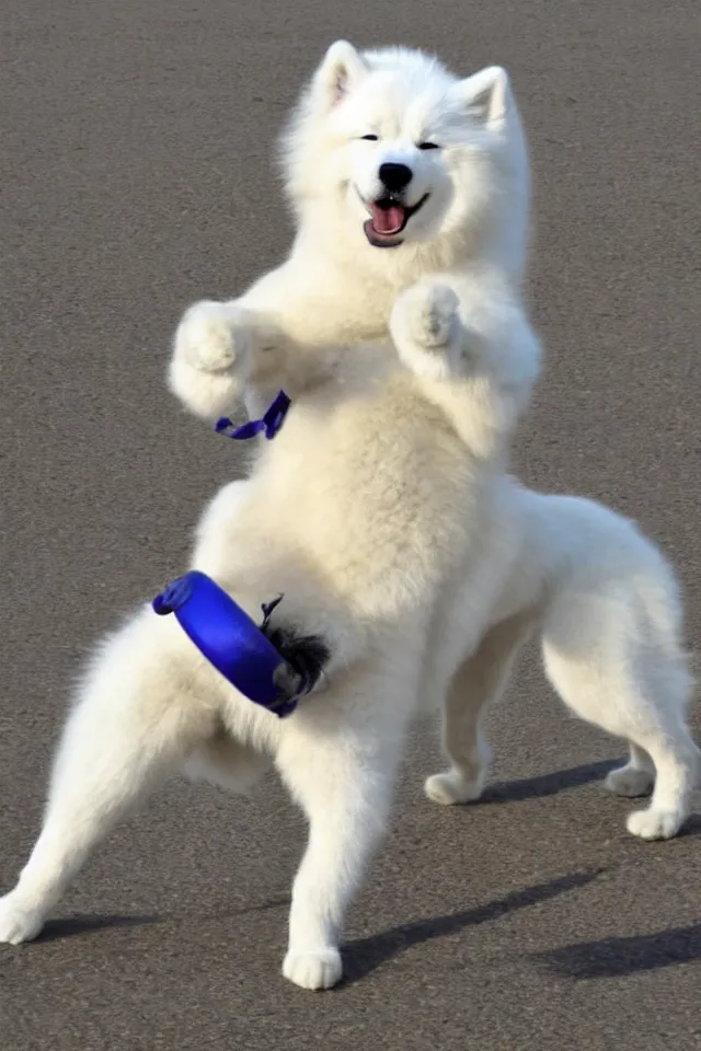 Image similar to samoyed dog doing wai kru muay thai movements