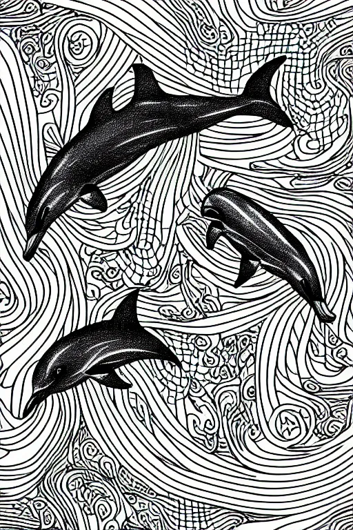 Image similar to dolphins, fractal, ink drawing, line art colouring page