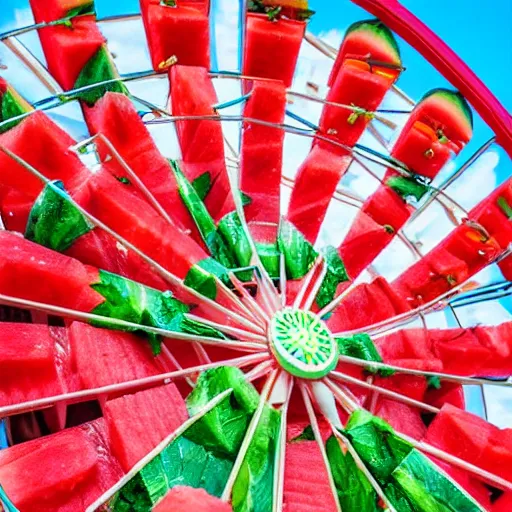 Prompt: a watermelon ferris wheel, food photography, 7 5 mm, bokeh