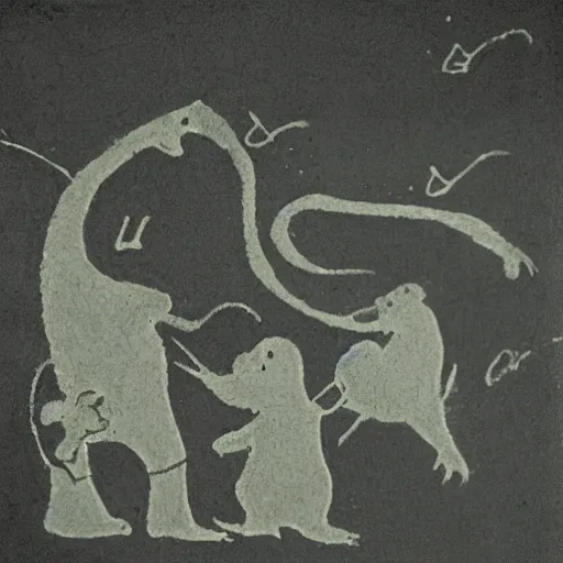 Prompt: the moomins, prehistoric cave painting, photograph taken in cave