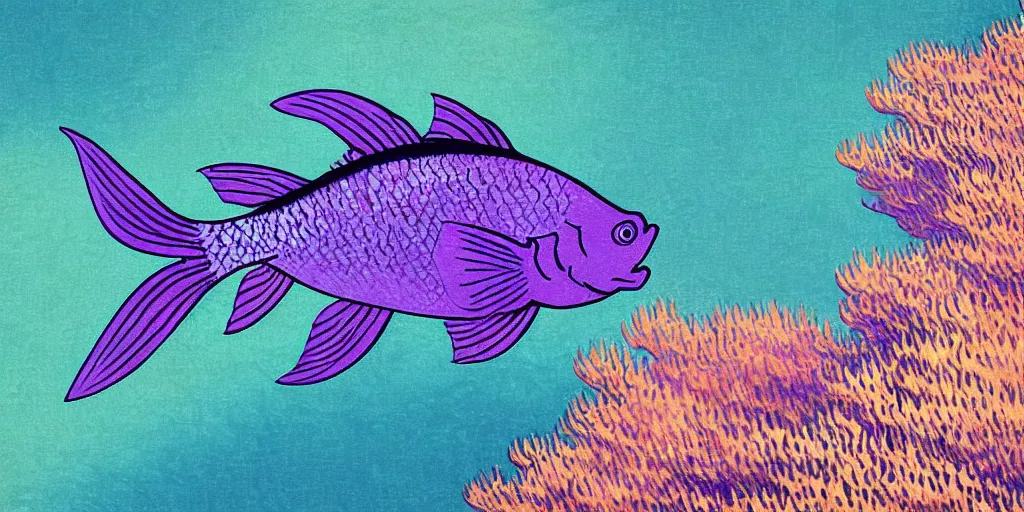 Image similar to breath takingly stunningly beautiful, purple fish, swimming in a beautiful coral reef, aesthetically pleasing Digital art, Concept art by Hokusai and Vincent Van Gogh and Claude Monet