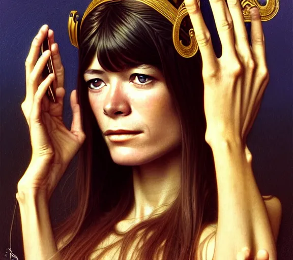 Prompt: photography young francoise hardy with hands - up and hairy armpits, dressed like cleopatra, deep focus, intricate, elegant, highly detailed, digital painting, artstation, concept art, matte, sharp focus, illustration, art by artgerm and greg rutkowski and alphonse mucha and gil elvgren