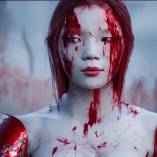 Image similar to beautiful albino Asian girl armor covered in blood, unreal engine octane, red and white, portrait, gliter, depth of field, 8k, hyper detailed