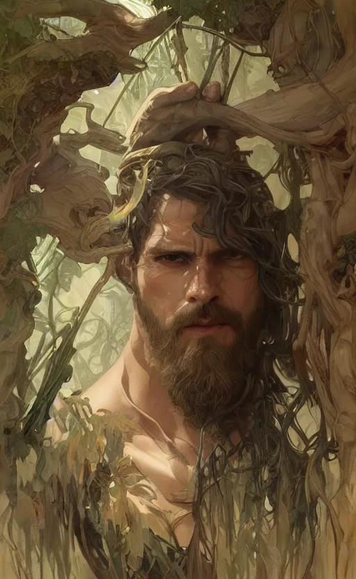 Image similar to god of the forest, 30 years old, rugged, male, gorgeous gorgeous gorgeous, detailed face face face face, amazing, thighs thighs thighs thighs, muscular, intricate, highly detailed, digital painting, artstation, concept art, sharp focus, illustration, art by greg rutkowski and alphonse mucha