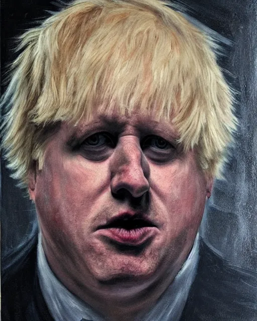 Image similar to dark impressionist painting of a portrait of a horror monster looking like boris johnson