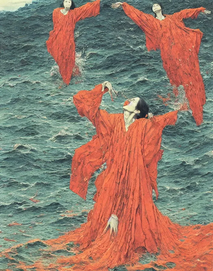 Image similar to worshippers in red robes wading through waves, high detailed beksinski painting, part by adrian ghenie and gerhard richter. art by takato yamamoto. masterpiece, deep colours, blue