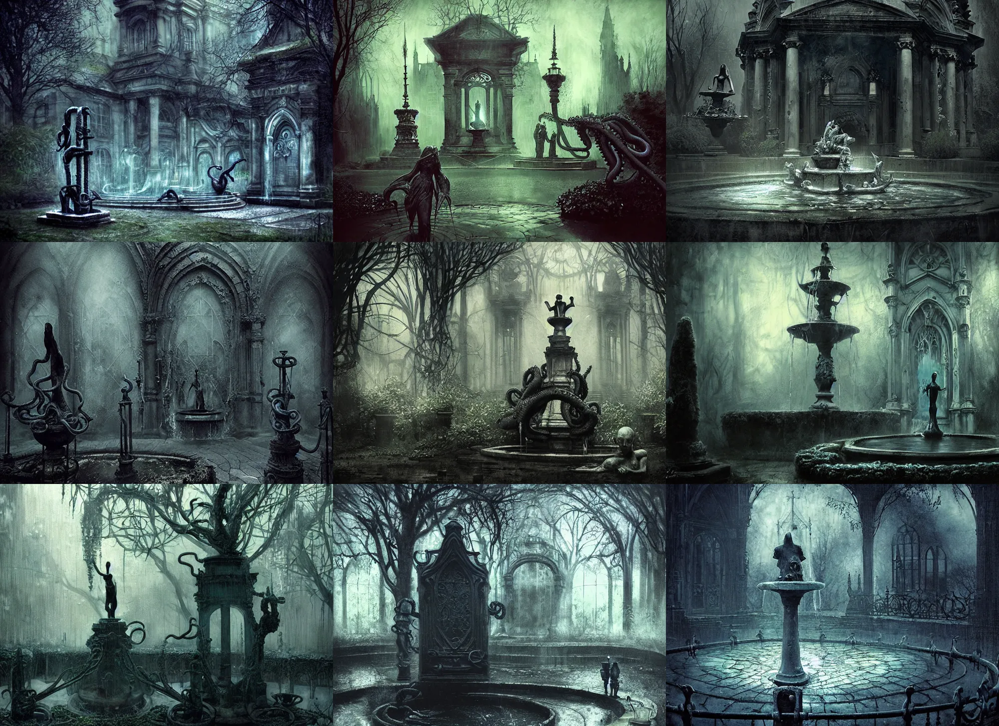 Prompt: gothic garden, perspective view, statue, fountain, darkness, evil, creepy, science, 1 9 century, hard atmosphere, lovercraft, insmouth, tentacles, artwork, paint, blue tones, detailed, by bastien lecouffe deharme, by jeremy mann, by alexander fedosav