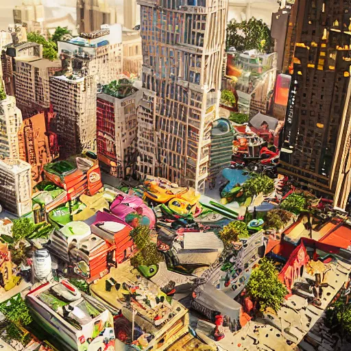 Image similar to ( ( new york ) ) made of kid's toys!!!!, amazing details, atmospheric, 4 k, aesthetic octane render, street view, warm hue's