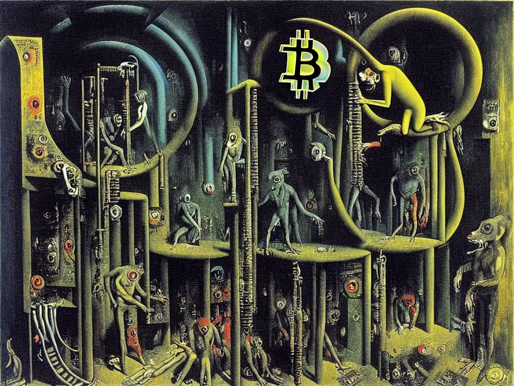Image similar to bitcoin basement dweller, decadence and despair, underground ratman, art by max ernst
