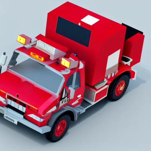 Prompt: isometric low poly render of a fire engine, concept art