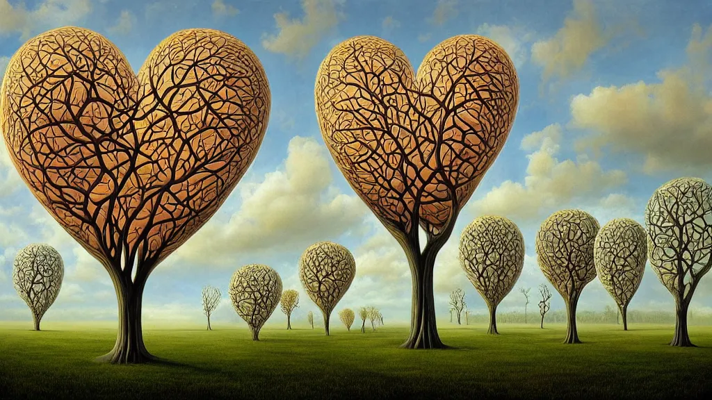 Image similar to surreal landscape, surrealism, fibonacci, heart shaped trees, symmetrical, esao andrews, victor enrich, dali