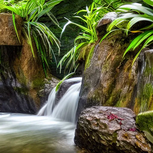 Prompt: waterfall as a river beneath orchids