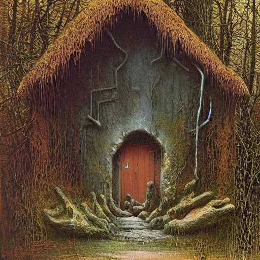 Image similar to small cottage in the forest by zdzisław beksinski, marco mazzoni, peter gric, oil on canvas, highly detailed, whimsical, fantasy