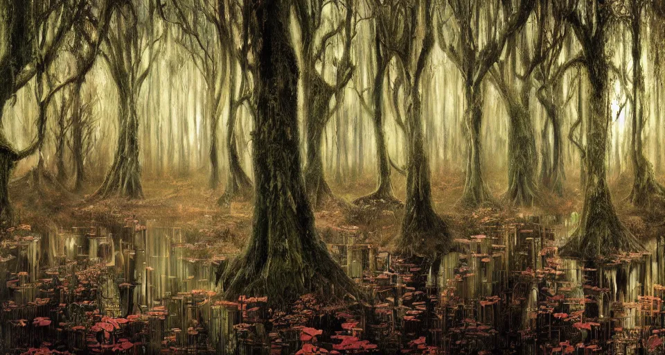 Prompt: A dense and dark enchanted forest with a swamp, by Rob Hefferan