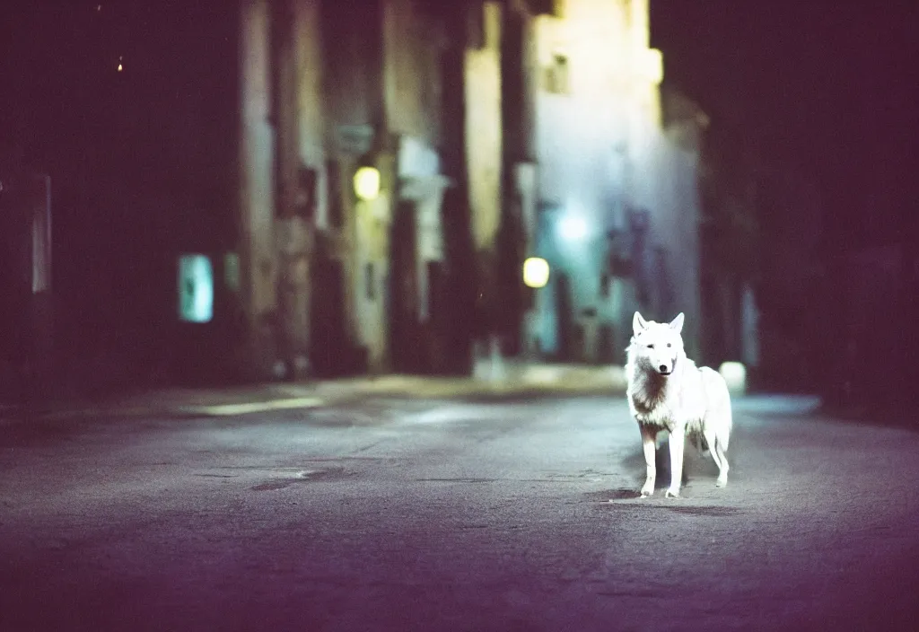 Image similar to lomo photo of a white wolf in empty dark street, cinestill, bokeh, out of focus, night, dramatic lighting, streetlight