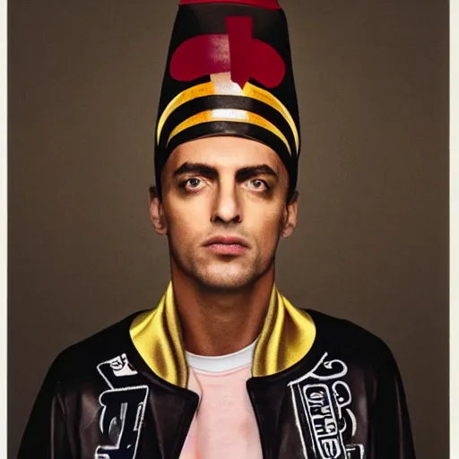 Image similar to A pharaoh wearing a varsity jacket, portrait, by Mario Testino, Stephane Sednaoui, Dario Argento