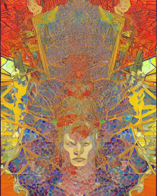 Image similar to David Bowie art surrounded by varities of superhot chili peppers, cell shading, voronoi, fibonacci sequence, sacred geometry by Alphonse Mucha, Moebius, hiroshi yoshida, Art Nouveau, colorful, ultradetailed, vivid colour, 3d