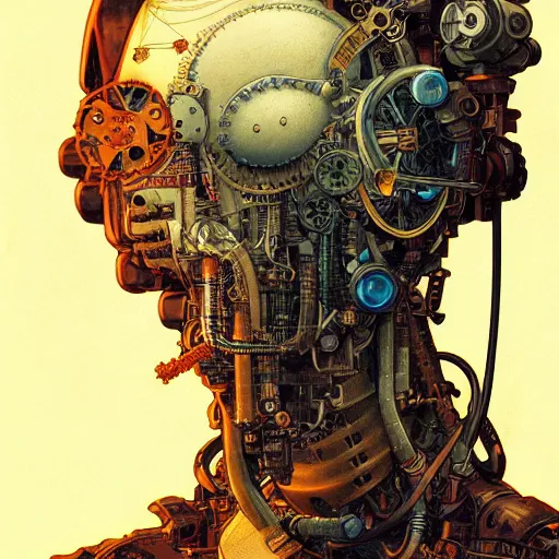 Image similar to machine portrait soft light painted by james jean and katsuhiro otomo and erik jones, inspired by steampunk, smooth face feature, intricate oil painting, high detail illustration, sharp high detail, manga and anime 1 9 9 9