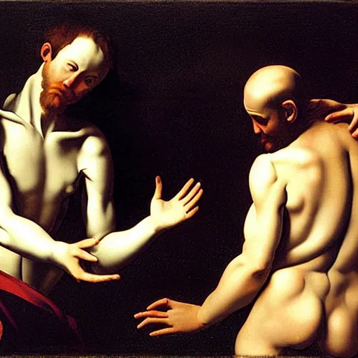Prompt: the creation of adam by caravaggio with robots