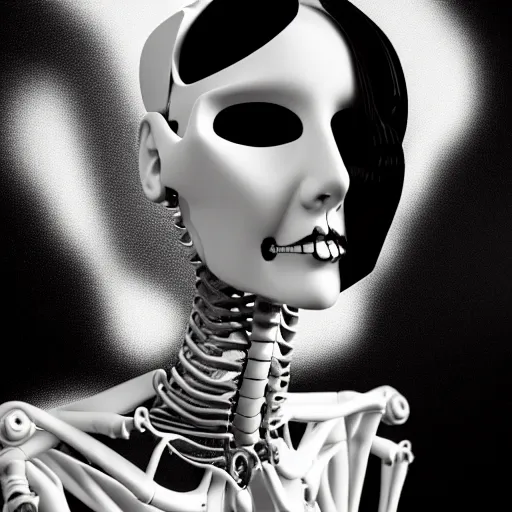 Image similar to black and white dreamy foggy smoky profile face portrait, single skeletal biomechanical beautiful young female cyclops - cyborg - robot bust, body ribs meshes, ray - traced, volumetric light, rim light, by dora maar and cecile beaton, big gothic fashion pearl embroidered collar, 8 k