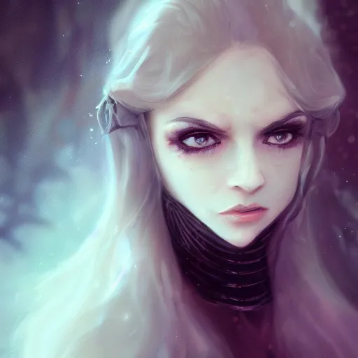 Image similar to whimsical beautiful angry girl, portrait, ice magic, dark hair and makeup, waist high, fantasy clothing, cgsociety, trending on artstation, dnd