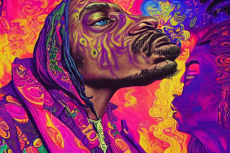 Image similar to An extremely psychedelic experience, colorful, surreal, dramatic lighting, snoop dogg smoking a (blunt), LSD, face, detailed, intricate, elegant, highly detailed, digital painting, artstation, concept art, smooth, sharp focus, hyper detailed golden ratio illustration, rich deep colors. masterpiec, Beksinski paintin, art by Sam Spratt, San Mumford, Artem Demura and Alphonse Mucha