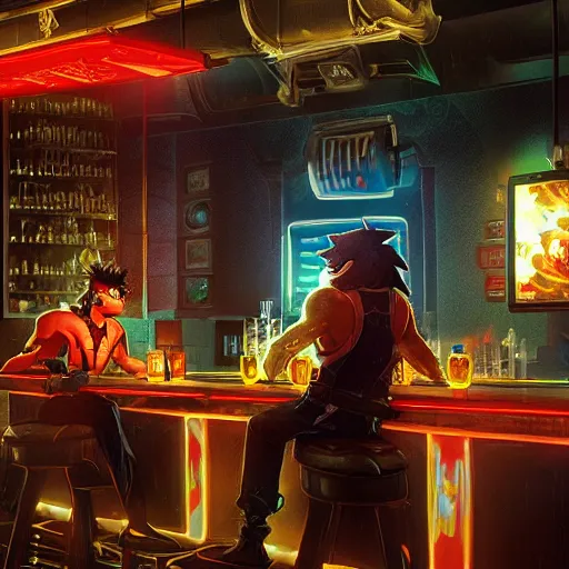 Image similar to an ultra detailed illustration of shadow the hedgehog and bowser sitting in a bar drinking beer, dive bar with a karaoke machine, volumetric lighting, 4 k, octane render, art by greg rutkowski and alphonse mucha and andreas rocha and albert bierstadt