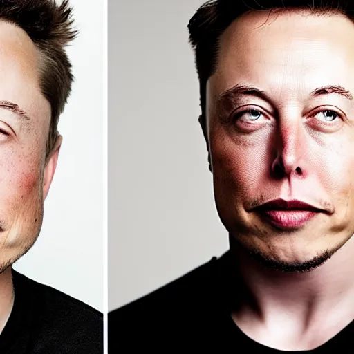 Prompt: A portrait photo of Elon Musk teams up with a teenage Elon Musk, perfect faces, 50 mm, award winning photography