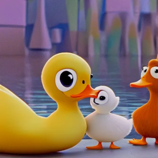 Image similar to Cute little duck family, still from a pixar!! movie