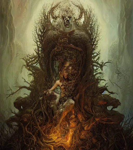 Image similar to portrait of the king of the underworld, surrounded by skulls and overgrowth by karol bak, Tomasz Alen Kopera, James Jean, tom bagshaw, rococo, trending on artstation, cinematic lighting, hyper realism, octane render, 8k, hyper detailed.