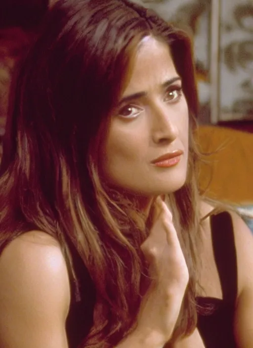 Prompt: film still of Salma Hayek as Rachel Green in Friends, 4k