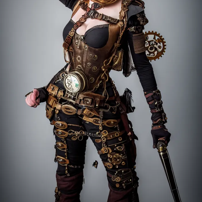 Image similar to professional full length photograph of a beautiful! female steampunk warrior. Extremely detailed. 8k