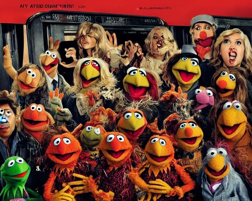 Image similar to a horror movie poster featuring muppets hijacking a train