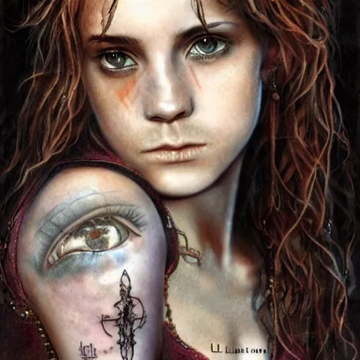 Image similar to dressed Hermione Granger in tattoos, by luis royo, beautiful eyes, Beautiful face, by Aggi Erguna, high detail,high resolution