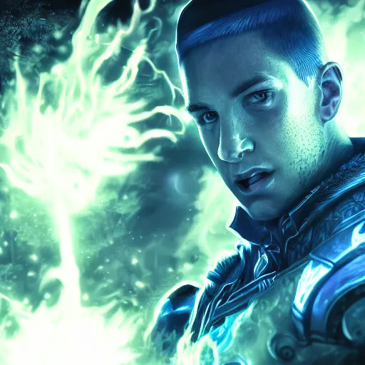 Prompt: portrait of eminem as a spellcaster, league of legends amazing splashscreen artwork, gears of war, splash art, natural light, elegant, photorealistic facial features, intricate, fantasy, detailed face, atmospheric lighting, anamorphic lens flare, cinematic lighting, league of legends splash art, hd wallpaper, ultra high details by greg rutkowski