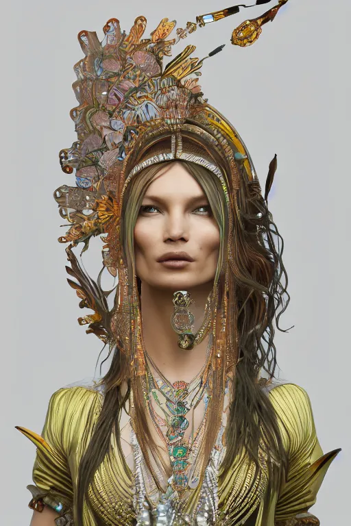 Image similar to a photo of a beautiful indian ancient alien woman goddess kate moss in jewelery and fractals in style of alphonse mucha art nuvo trending on artstation made in unreal engine 4 octane render in 8 k