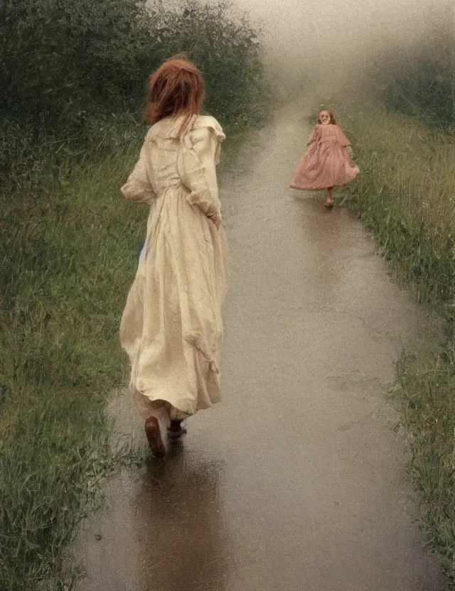 Prompt: peasant girl with long windy hair running under the rain, cottage core, cinematic focus, polaroid photo bleached vintage pastel colors high - key lighting, soft lights, foggy, by steve hanks, by lisa yuskavage, by serov valentin, by tarkovsky, 8 k render, detailed, oil on canvas